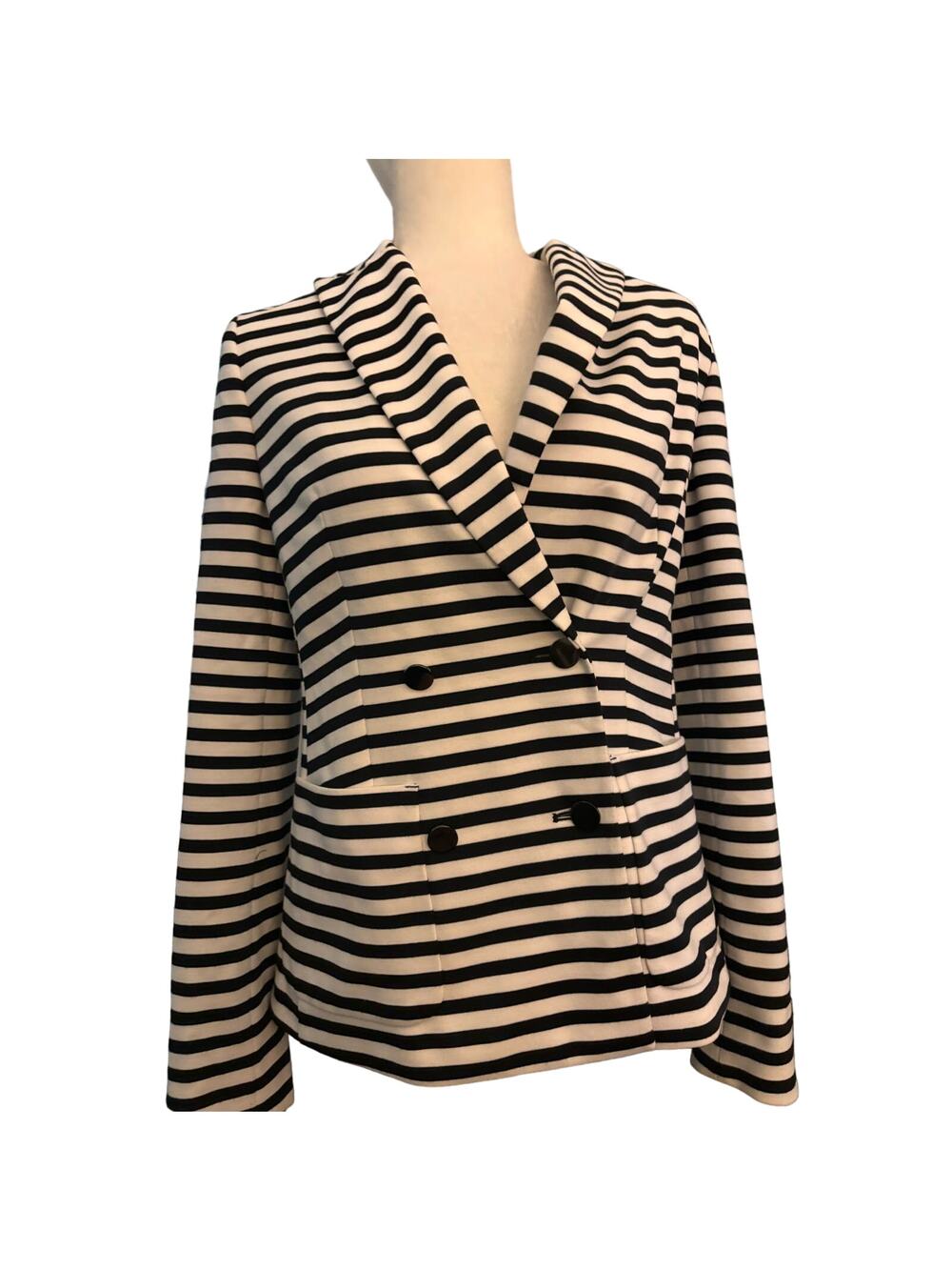 J. Peterman Black & White Striped Double Breasted Knit Blazer, Women's Size 4